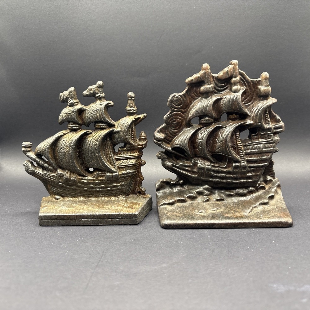 Mismatched Antique 1920s Cast Iron Ship Bookends Eclectic Nautical Pair Patina